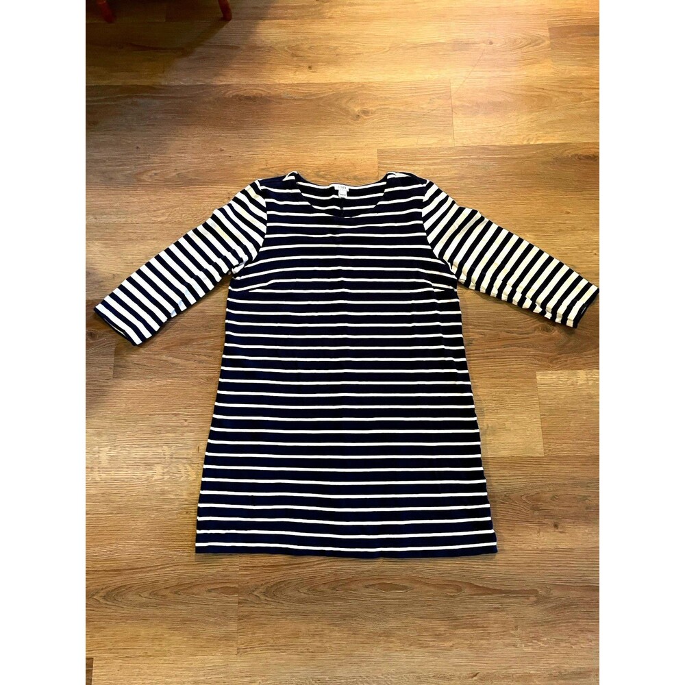 J.CREW Navy White Striped Knit Shift Boat Dress 3/4 Sleeve Knee Length L